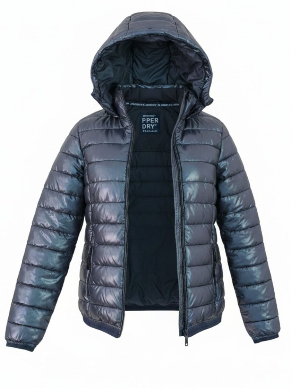 Superdry Iridescent Holographic Puffer Jacket Hooded Blue Size Winter Chic US 4
